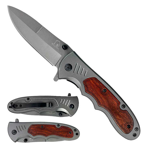 Falcon Semi Automatic Pocket Knife Gray Blade Wooden Handle_0