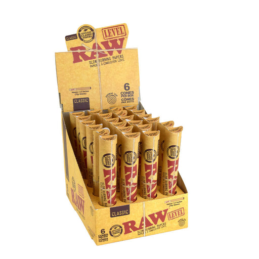 RAW | Classic Natural Pre-Rolled Level Cones 84mm w/26mm Spiral Tip [Pack of 6 | Display of 24] King Size ONE