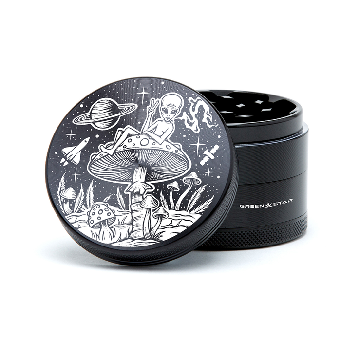 Green Star | 2.5" (63mm) Grinder - Alien on Mushrooms Design Regular Grinder Green Star Herb Grinders Black
