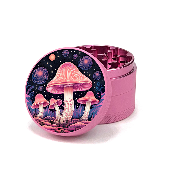 Green Star | 2.5" (63mm) Herb Grinder - Psychedelic Mushrooms Design Regular Green Star Herb Grinders Pink Outside Pink Inside