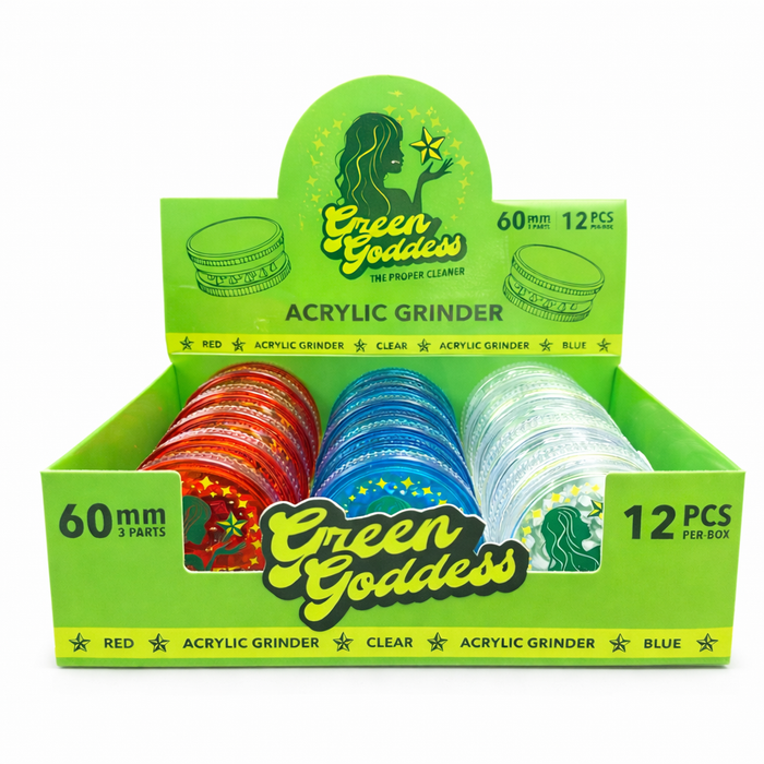Green Goddess | Acrylic 3-Part Grinder – 60mm (12 PCS) Display Pack B Movin Distribution