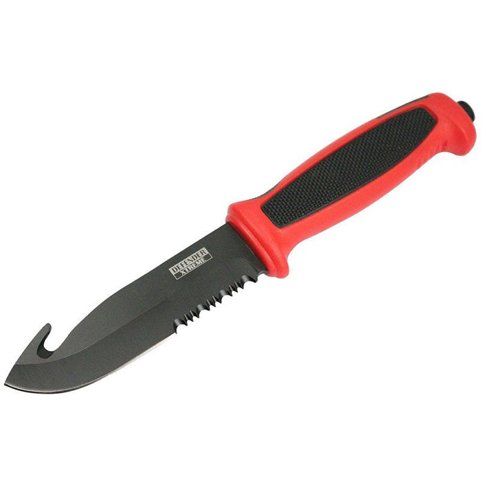 Defender-Xtreme |  9.5″ Red Rubber Handle Hunting Knife Stainless Steel Gut Hook [13177]