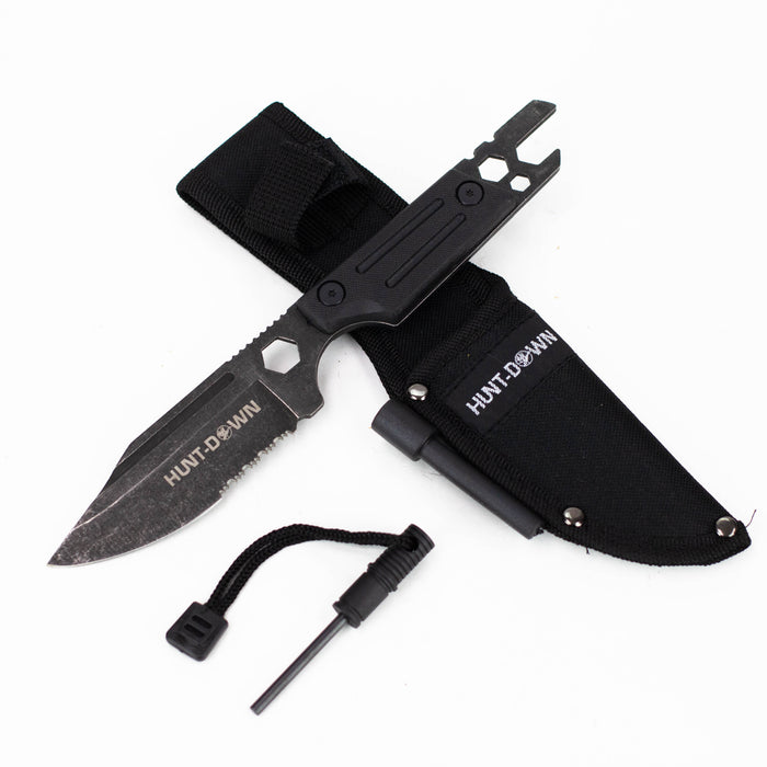 Hunt-Down | 9.5" Stonewashed Fixed Blade Full Tang Tactical Knife Sheath & Wrench [9839] Fixed Blade Knife Canadian Distributor
