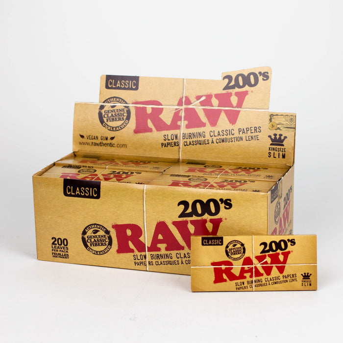 RAW 200's. Natural Unrefined King Slim paper Box of 40