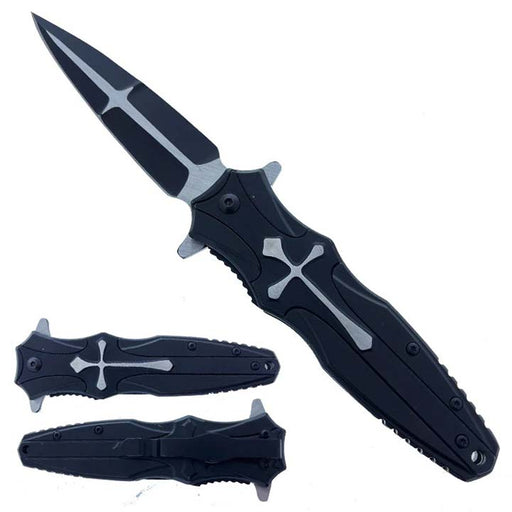 8.5" Overall Spring Assisted Knife with Black Celtic Cross Design_0