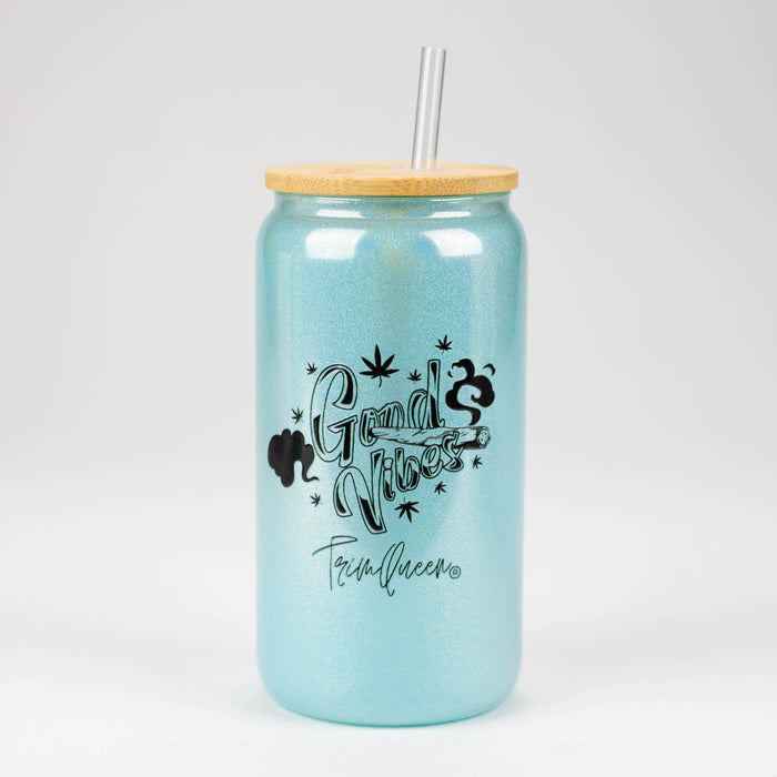 TRIM QUEEN | GOOD VIBES GLASS TUMBLER WITH LID AND STRAW Gadget Trim Queen BLACK LABEL/BLUE