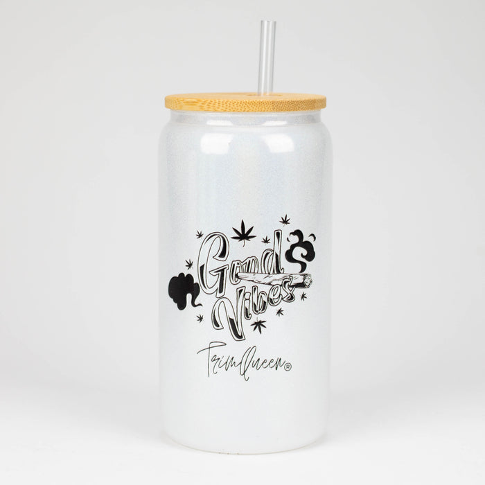 TRIM QUEEN | GOOD VIBES GLASS TUMBLER WITH LID AND STRAW Gadget Trim Queen BLACK LABEL/WHITE