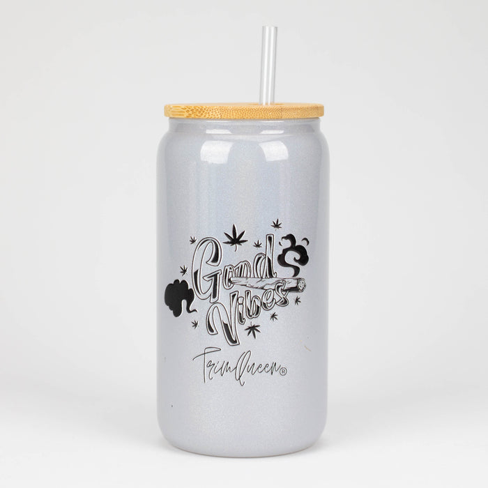 TRIM QUEEN | GOOD VIBES GLASS TUMBLER WITH LID AND STRAW Gadget Trim Queen BLACK LABEL/GREY