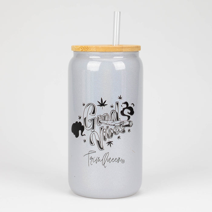 TRIM QUEEN | GOOD VIBES GLASS TUMBLER WITH LID AND STRAW