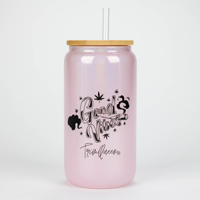 TRIM QUEEN | GOOD VIBES GLASS TUMBLER WITH LID AND STRAW Gadget Trim Queen BLACK LABEL/PINK