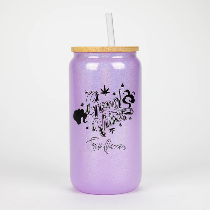TRIM QUEEN | GOOD VIBES GLASS TUMBLER WITH LID AND STRAW Gadget Trim Queen BLACK LABEL/PURPLE