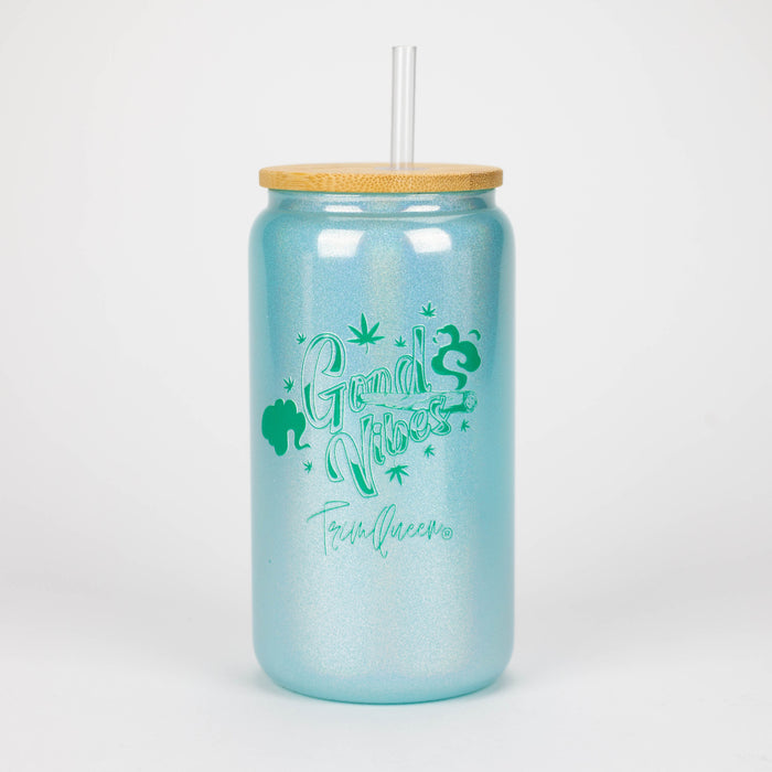 TRIM QUEEN | GOOD VIBES GLASS TUMBLER WITH LID AND STRAW Gadget Trim Queen GREEN LABEL/BLUE