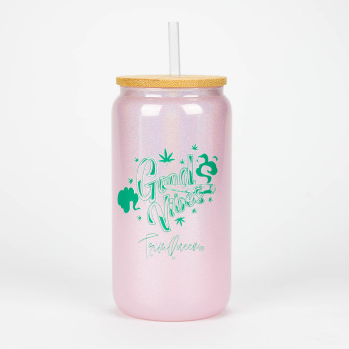 TRIM QUEEN | GOOD VIBES GLASS TUMBLER WITH LID AND STRAW Gadget Trim Queen GREEN LABEL/PINK