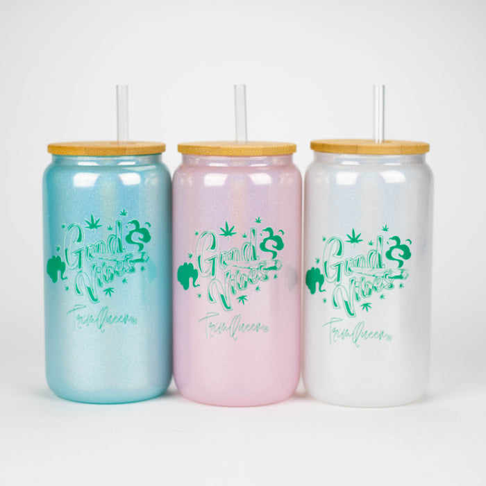 TRIM QUEEN | GOOD VIBES GLASS TUMBLER WITH LID AND STRAW