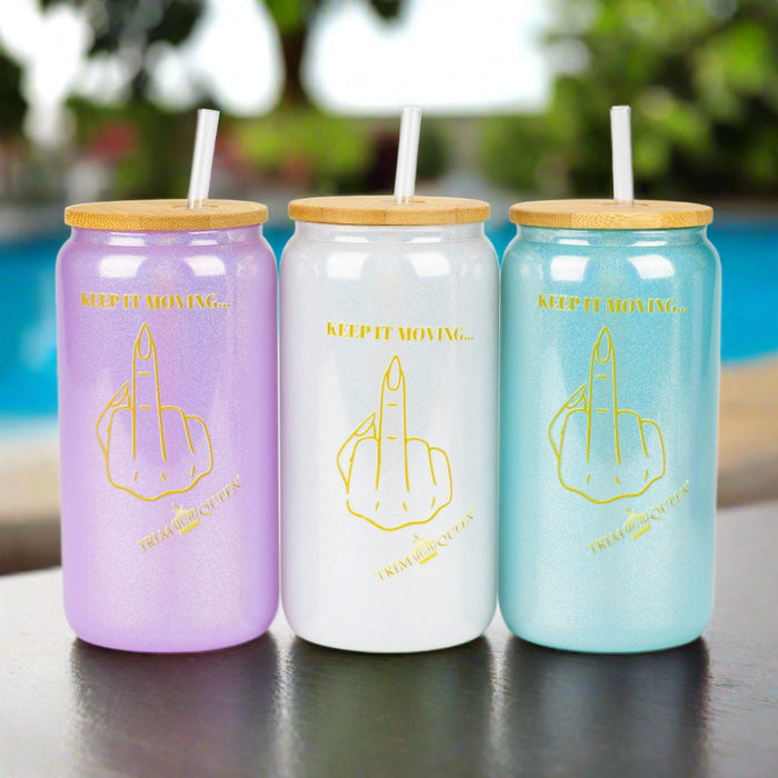 TRIM QUEEN | MIDDLE FINGER GLASS TUMBLER WITH LID AND STRAW Balloon · Party · Game Trim Queen