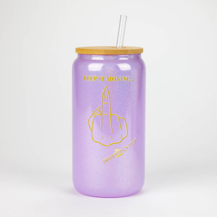 TRIM QUEEN | MIDDLE FINGER GLASS TUMBLER WITH LID AND STRAW Balloon · Party · Game Trim Queen PINK