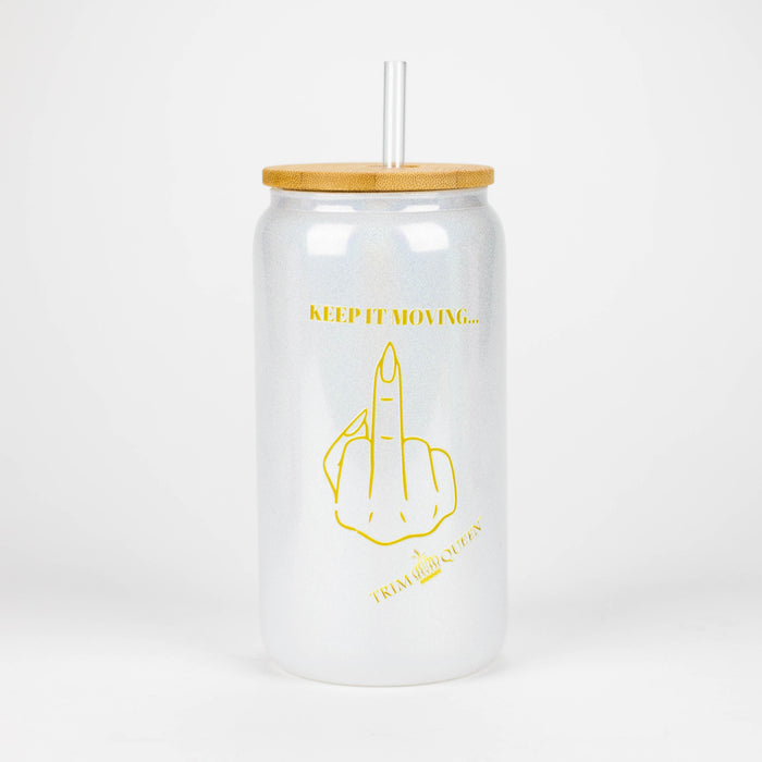 TRIM QUEEN | MIDDLE FINGER GLASS TUMBLER WITH LID AND STRAW Balloon · Party · Game Trim Queen WHITE