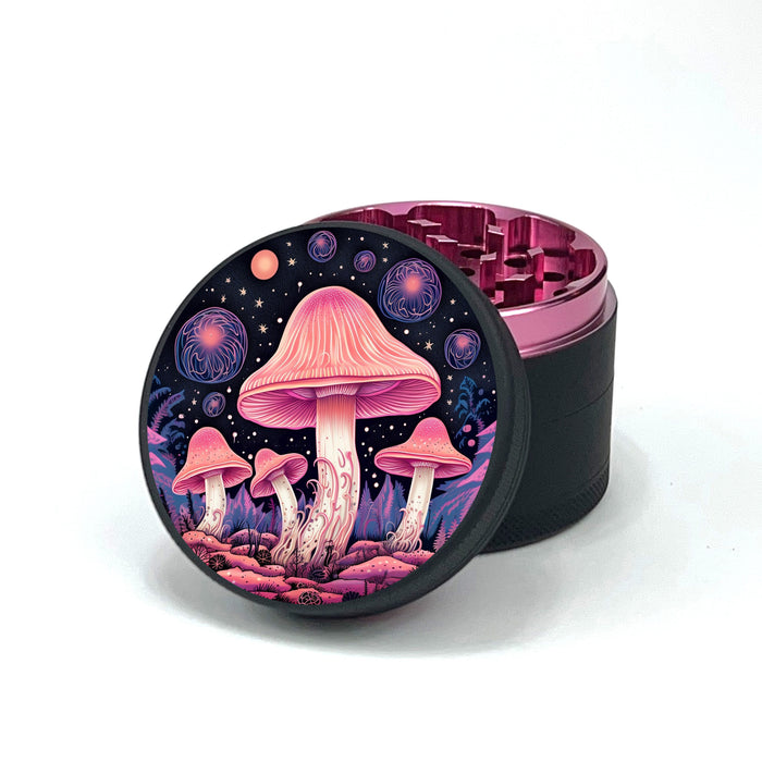 Green Star | 2.5" (63mm) Herb Grinder - Psychedelic Mushrooms Design Regular Green Star Herb Grinders Black Outside Pink Inside