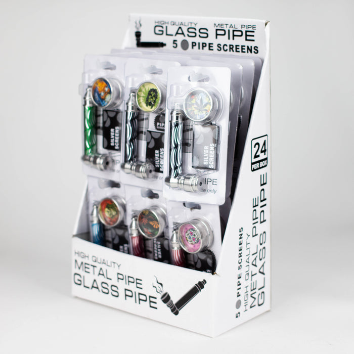 3.3″ Aluminum Tobacco Pipe with Grinder Display of 24 Metal Canadian Distributor