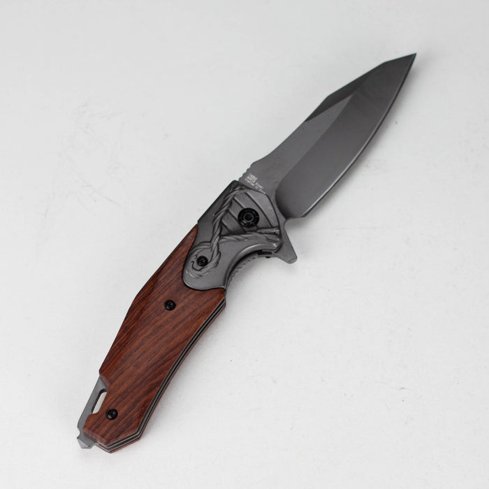 Hunt-Down | 8" Titanium Coated Finish Blade Ball Baring Folding Knife With Leather Sheath [14392] Folding Knife Canadian Distributor