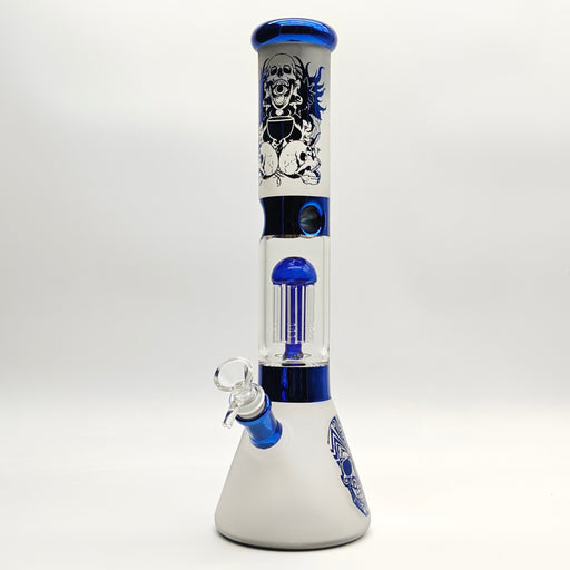 14" Electroplate Skull Design Percolator Beaker Beaker Bong Super Supplys Inc Blue