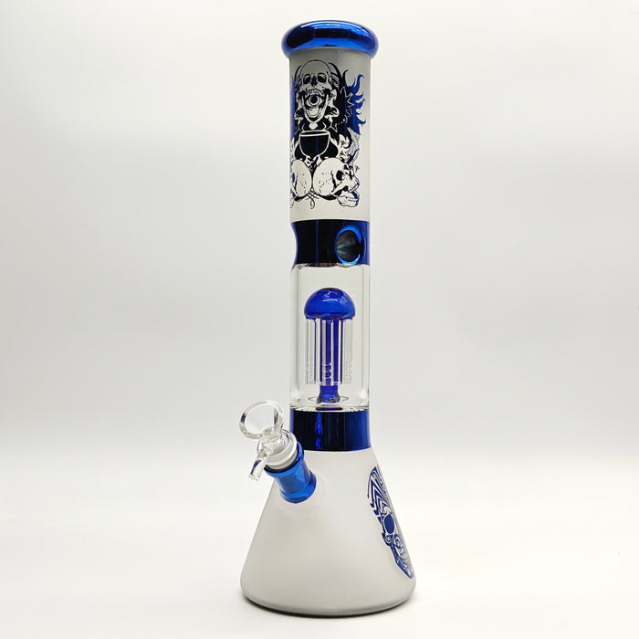 14" Electroplate Skull Design Percolator Beaker Glass Bong Super Supplys Inc Blue