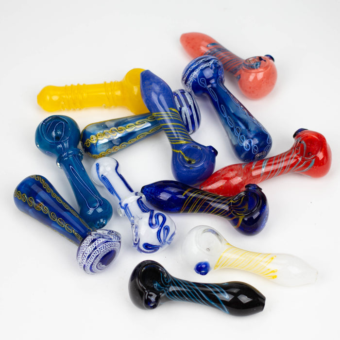 4.5” Assorted design Soft glass hand pipe Jar of 12 Glass Bongzie Smokes