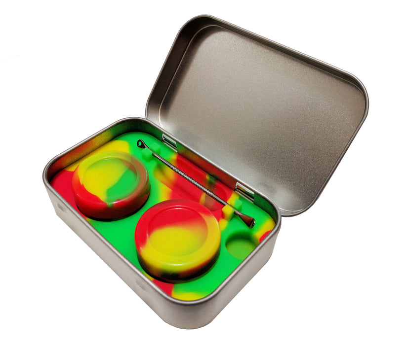 2*5ml Non-Stick Silicone Container Tin Box Set with 1 Steel Dab Tool Case Herbhuggers Rasta (Red/Yellow/Green)