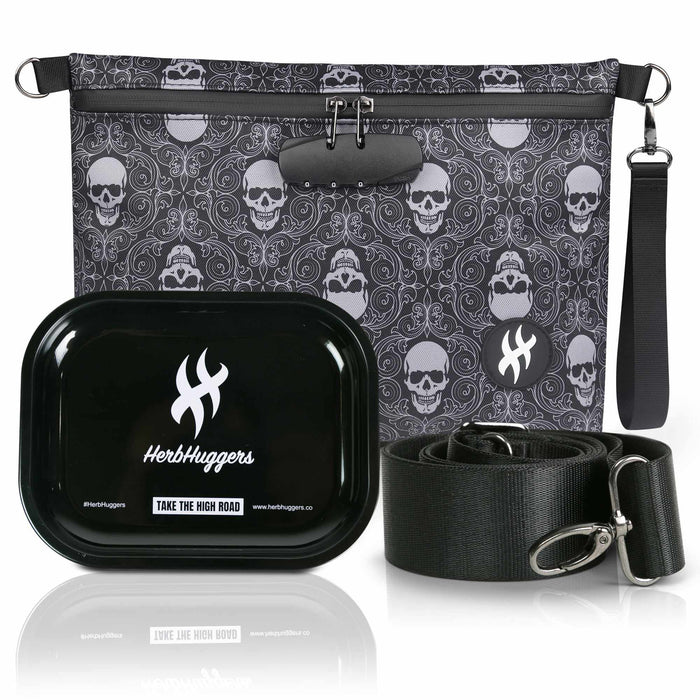 Herbhuggers | Smell Proof Bag with Combination Lock + Metal Rolling Tray Pouch Herbhuggers Tombstoned (Black/Gray)