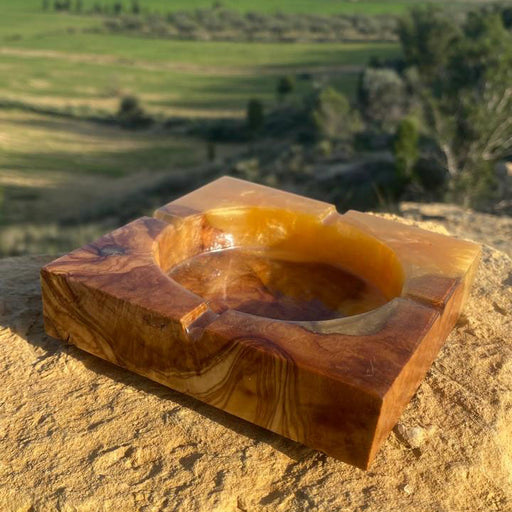 Olive Wood Orange Epoxy Ash Tray – Handcrafted Tunisian Ashtray, Resin & Olive Wood Collector’s Piece Ashtray Variety Olive Wood Orange