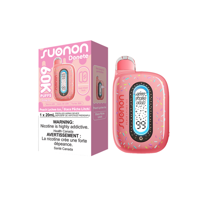 [ON] SUONON DONETE Disposable Vape – 60,000 Puffs, 20mL (Box of 5) Ontario Excise Tax TJ VAPE Peach Lychee Ice