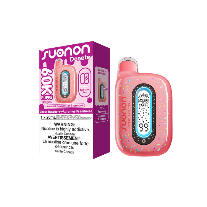 [CA] SUONON DONETE Disposable Vape – 60,000 Puffs, 20mL (Box of 5) Federal Excise Tax TJ VAPE Citrus Raspberry