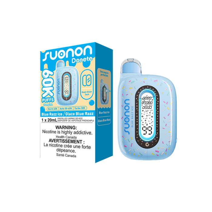 [CA] SUONON DONETE Disposable Vape – 60,000 Puffs, 20mL (Box of 5) Federal Excise Tax TJ VAPE Blue Razz Ice