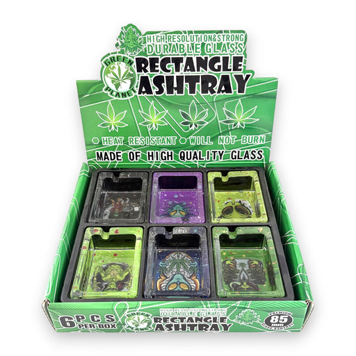 Green Planet Rectangle Glass Ashtrays – 6 Pack Display (85mm) Glass Ashtray Super Supplys Inc