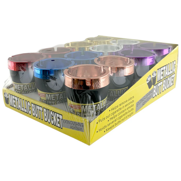 Metallic Cigarette Butt Buckets - 12PCS In Display Plastic Ashtray Super Supplys Inc