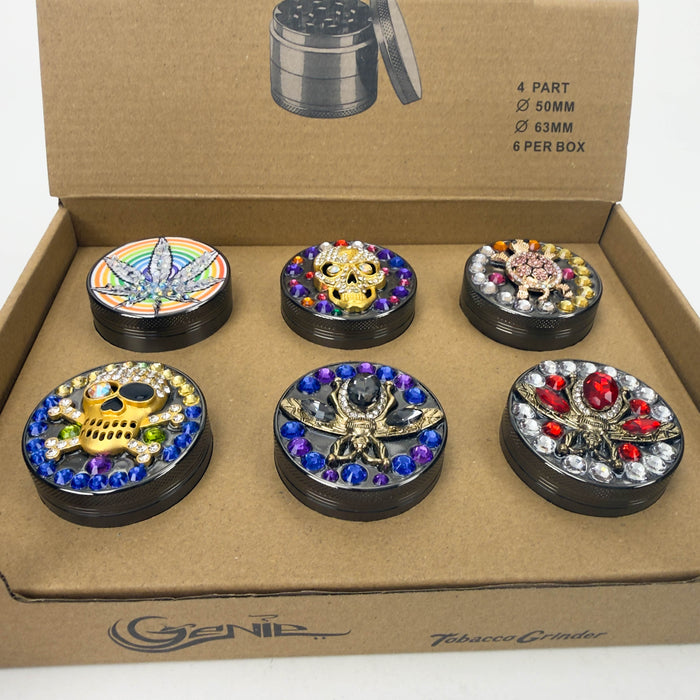Genie | 4-Part 63mm 3D Decorative Grinder with rhinestones – Box of 6 [GR63]