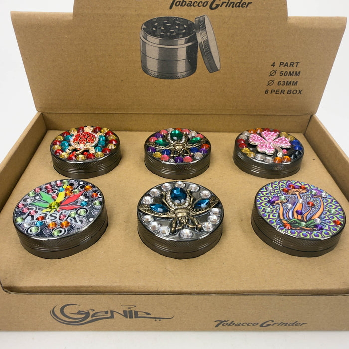 Genie | 4-Part 63mm 3D Decorative Grinder with rhinestones – Box of 6 [GR63]