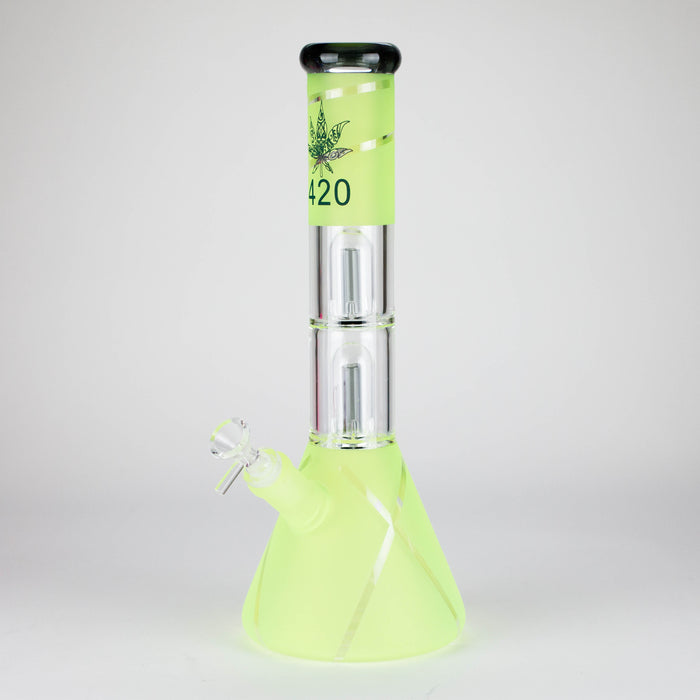 14" 7mm 420 Double Perc Fancy Glass Water Bong [FT1157AST] Glass Bong LEHIGH WHOLESALE Green