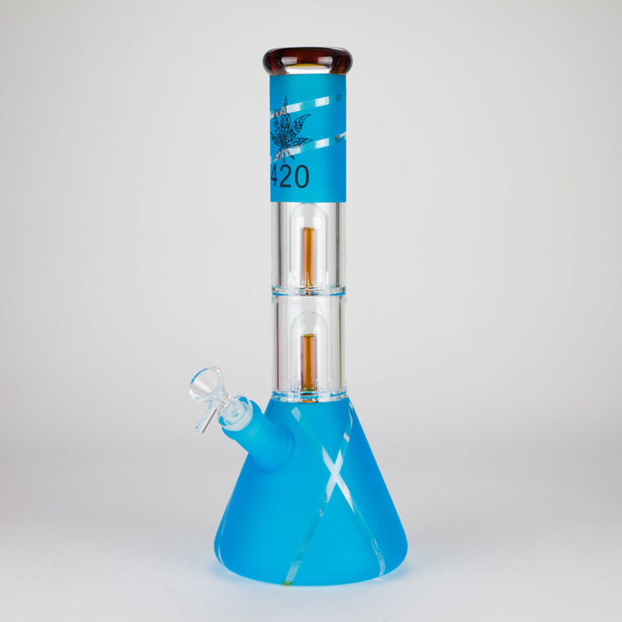 14" 7mm 420 Double Perc Fancy Glass Water Bong [FT1157AST] Glass Bong LEHIGH WHOLESALE Sky BLue