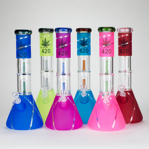 14" 7mm 420 Double Perc Fancy Glass Water Bong [FT1157AST] Glass Bong LEHIGH WHOLESALE