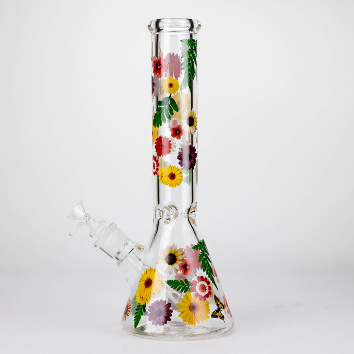 14" Flower and Butterfly Design 7mm Thick Heavy Duty Glass Beaker Bong