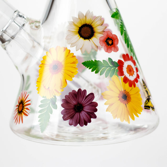 14" Flower and Butterfly Design 7mm Thick Heavy Duty Glass Beaker Bong