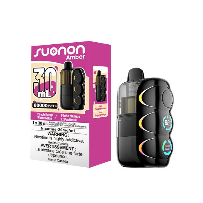 [CA] SUONON AMBER Vape – 80,000 Puffs, 30mL (Box of 4) Federal Excise Tax TJ VAPE Peach Mango Watermelon