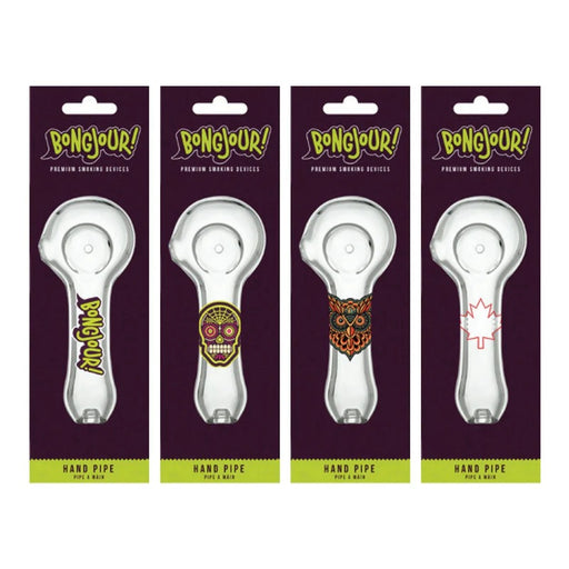 Bongjour!™ | 3.75" Clear Hand Pipe w/Decal (Assorted Decal 8 Pack) Glass Pipe West Coast Gifts
