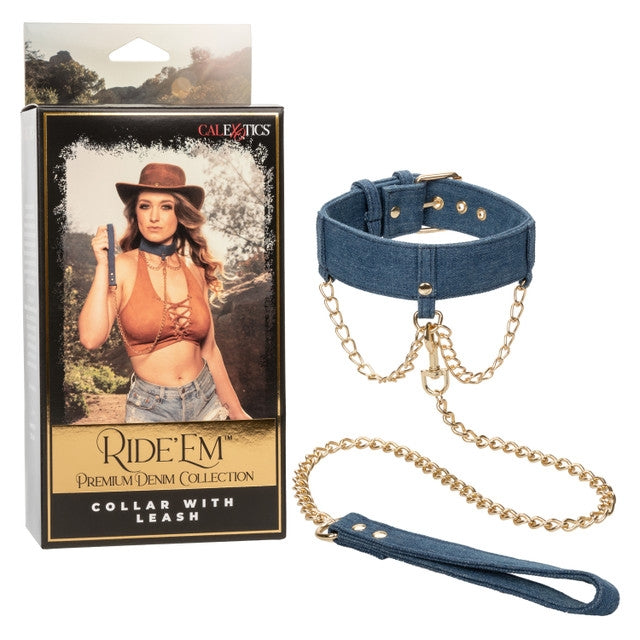 Ride 'Em Premium Denim Collection Collar With Leash Adult Toy JAL