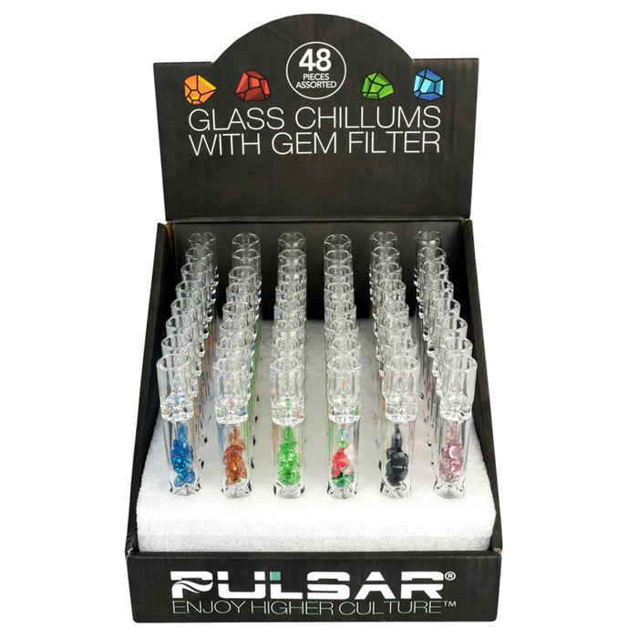Pulsar | 4" Glass Chillums w/ Gem Filters 48 count Display