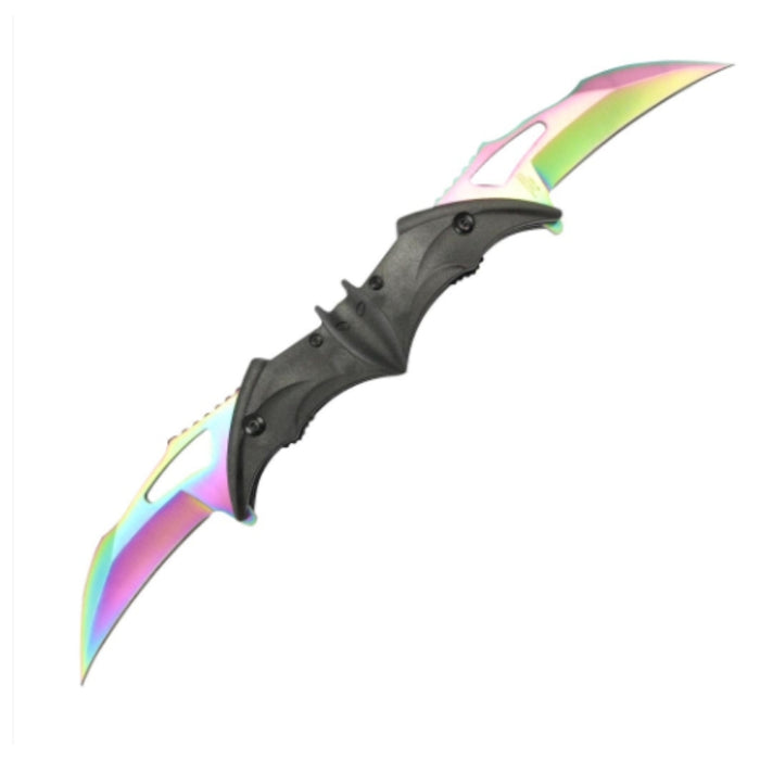 13002-RB - Bat Pattern Handle Double Blade Folding Knife Rainbow Blade Folding Knife The MST