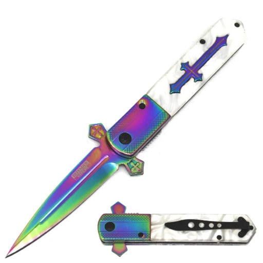 14724 - 4.75" Rainbow titanium Folding Knife – Blue Acrylic Handle Folding Knife The MST