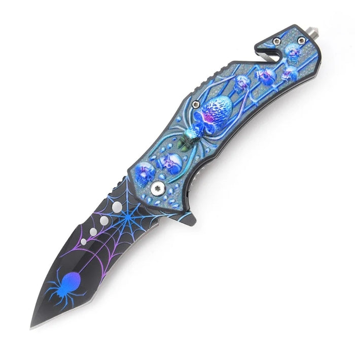 14648 - Defender-Xtreme 8.5" Spider Design Blue ABS Handle 3CR13 Steel Folding Knife The MST