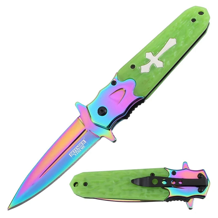 Defender-Xtreme 8.5" Green Luminous Handle Rainbow Bolster & Blade Folding Knife (14208) Folding Knife The MST